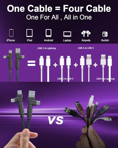 90 Degree USB C Cable for iPhone 17 16 Pro Max, 4in1 USB-C/A to C/Lightning Cable 6FT, 60W Fast Multi Charging Cord with 90° Rotating Swivel USBC/Lightning Adapter for Apple 15 14 13,Carplay,Auto
