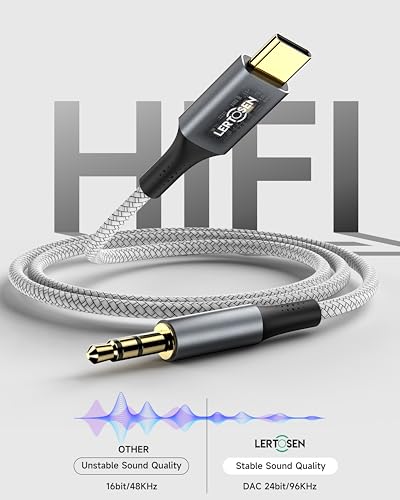 LERTOSEN 2 Pack USB C to 3.5mm Audio Cable [4ft], Aux to USB C Headphone Jack Adapter, Hi-Fi DAC Dongle Cord Compatible with iPhone 17/16/15 Pro Max,Samsung S25/S24/S23,iPad Pro, Pixel, Car Stereo - color: Silver Gray