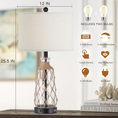 Ruzectt 25.5" Coastal Glass Table Lamps Set of 2, 3-Way Dimmable Touch Control Bedside Lamps with 2 USB Ports and AC Outlet, Clear Nautical Nightstand Lamp for Bedroom Living Room (LED Bulbs Included) - color: Clear