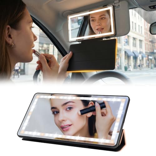 Car Sun Visor Vanity Mirror with Protective Cover, LED Makeup Mirror with 3 Light Modes, Dual Rechargeable Dimmable Touch Control Travel Vanity Mirrors, Universal for Car Truck SUV - color: Black-1Pcs