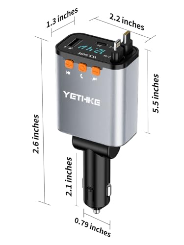 Bluetooth Car Adapter with Retractable Charger,[Upgrade] Bluetooth 5.4 FM Transmitter for Cars, 4 in 1 Fast Car Charger 69W, Handsfree Call, 2*Retractable Cable for iPhone 17/16/15/14, Galaxy-Silver - color: Silver