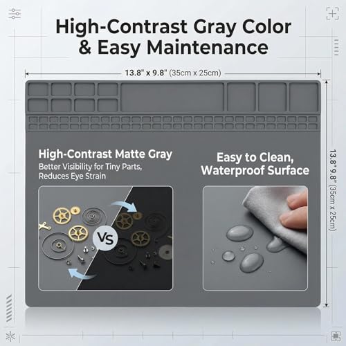 Silicone Repair Mat Non-Slip Workbench Pad for Soldering Heat Gun and Electronics Repair Anti-Static Desk Organizer for Watchmaker DIY and Phone Maintenance (Gray)