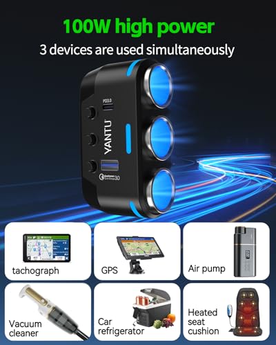 YANTU Cigarette Lighter Adapter/Splitter with PD&QC3.0 230W,Double/Dual USB C Car Charger Fast Charging 12V Outlet,Multi Socket Splitter with Ambient Lights/Independent Switches for Cars/Trucks/RVs - color: 212W-B40