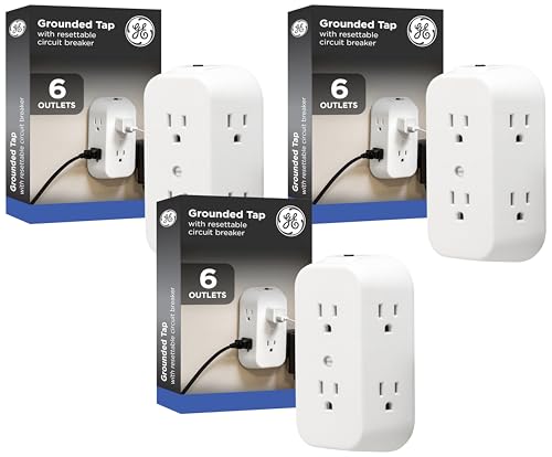 GE 6-Outlet Extender, Grounded Wall Tap, Reset Button, Circuit Breaker, Adapter Spaced Outlets, 3-Prong, Multiple Plug, Quick and Easy Install, Cruise Essentials, ETL Listed, White, 56575 (Pack of 3) - size: 3 Pack