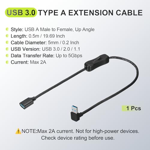 MECCANIXITY USB 3.0 Switch Extension Cable, USB A Male to Female Cord with On/Off Switch Support Data and Power for PC, TV, LED Strips, Laptops, Fan, Car (39.37"/1m, Up Angle)