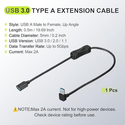 MECCANIXITY USB 3.0 Switch Extension Cable, USB A Male to Female Cord with On/Off Switch Support Data and Power for PC, TV, LED Strips, Laptops, Fan, Car (39.37"/1m, Up Angle)