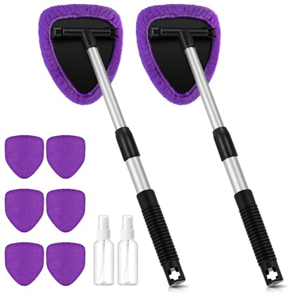 Baderke 10 Pcs Windshield Cleaner Tool Car Window Cleaning Supplies with Extendable Handle Include 6 Washable Microfiber Bonnets 2 Empty 60ml Spray Bottle Glass Wiper Kit(Purple) - color: Purple