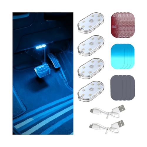 4PCS Car Interior Wireless Led Lights, 6 Bright LED Lamp Beads Magnetic Vehicle Ambient Light, Portable Touch USB Rechargeable Automotive Night Lighting Accessories, Universal Fit (Ice Blue) - color: Ice Blue, size: Touch Control
