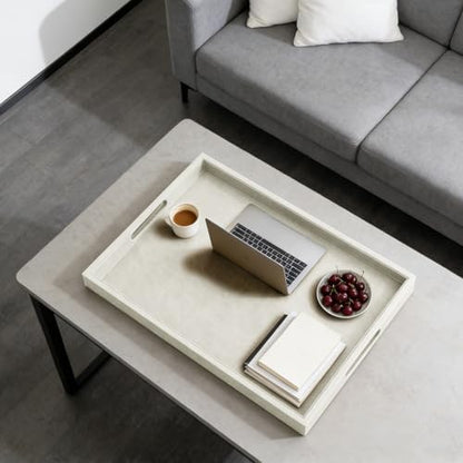30 x 24 inches Rectangle Leather Ottoman Serving Tray with Hole Handles, Extra Large Modern Service Tray for Living Room, Coffee Table, Bed, Tea, Food, Countertop, Kitchen, Dinner, Picnic (White) - color: White, size: 30" x 24" x 2"