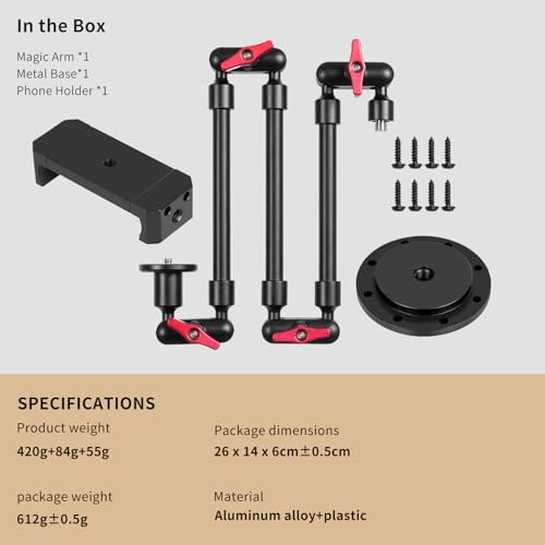 Wall Mounted Phone Holder Magic Arm 360° Rotation Adjustable Metal Base Screw in Wall Sturdy for Kitchen Bedroom Home 32 Inch Metal Phone Clip - size: Metal base + 32in magic arm + metal clip