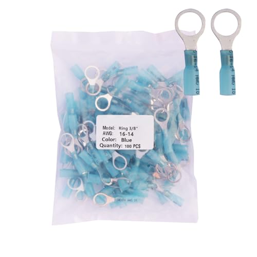 100pcs 3/8" Blue Marine Grade Heat Shrink Ring Connectors, AWG 16-14 Gauge Tinned Red Copper 0.7mm Ring Terminals Connectors – Stable Connection, Efficient Protection - color: Blue, size: Ring 3/8"