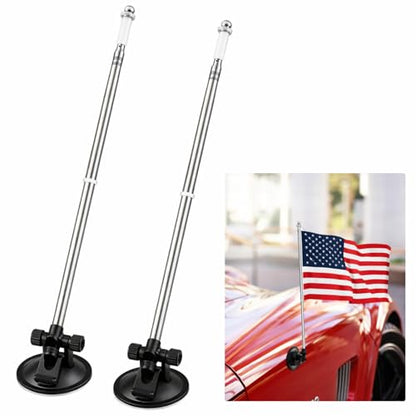 2 Pack Car Flag Pole with Suction Cup Mount, 18-62.4'' Telescopic Stainless Steel Vehicle Flagpole Holder, 180° Adjustable Flag Mount for Car Truck Rv Boat