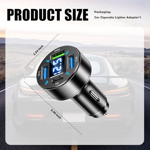 4 Ports Car Charger Adapter,12V/24V Car Cigarette Lighter USB Charger Including 3.1A/PD/Super Fast Charging Ports,Upgraded Cars Phone Chargers with LED Voltage Display & Soft Light