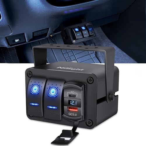 Nilight 2 Gang Rocker Switch Box w/Voltmeter PD Type C and USB Socket - color: Blue+Box, size: 3 Gang Type C +USB