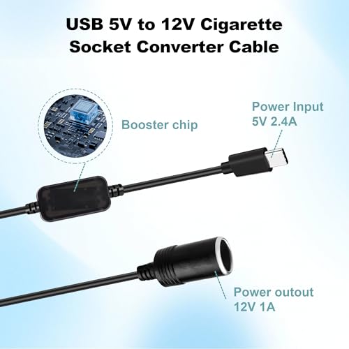 USB C to 12V Cigarette Lighter Adapter - 6.5ft USB C Male to 12V Car Socket Female Converter Cable for Dash Cam, Power Bank, GPS, LED Strips (12W Max)