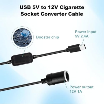 USB C to 12V Cigarette Lighter Adapter - 6.5ft USB C Male to 12V Car Socket Female Converter Cable for Dash Cam, Power Bank, GPS, LED Strips (12W Max)