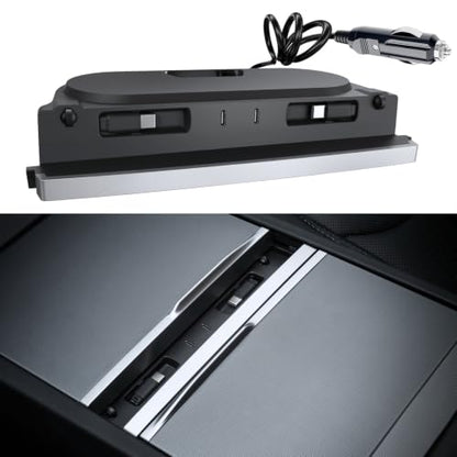 Car USB Hub for Tesla Center Console with Fast Charging Retractable Cables - for Model Y Juniper 2025-2026 & Model 3 Highland 2024-2026 Phone Charger Docking Station Accessories