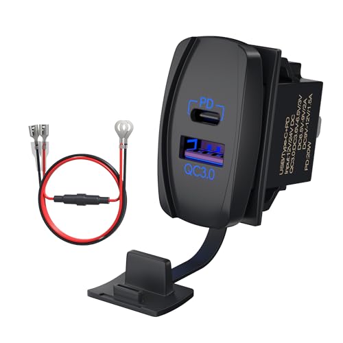 DAIERTEK USB Rocker Switch 12V Waterproof USB C & QC 3.0 Dual Ports Outlet PD Charger Socket for Car, UTV, RZR, RV, Truck, Marine - color: blue amd purple