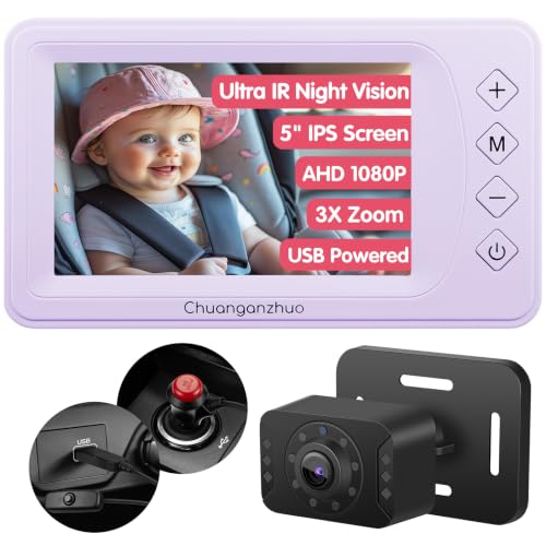 S100P Baby Car Camera with Ultra Night Vision, 5'' HD 1080P IPS Baby Car Monitor with 3X Zoom, Backseat/Carseat/Rear Seat Camera USB, Easy No-Damage Install, Safety for Infants and Pets(5 inch Purple) - color: Purple