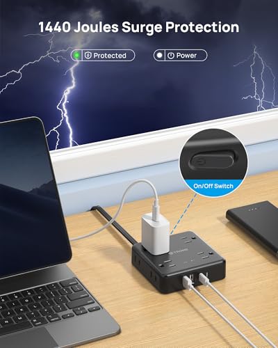TROND 360° Rotating Flat Plug Power Strip 5ft, 8 AC & 4 USB (2U2C), Black - color: Black, size: 5FT, style: Rotating Plug-2U2C