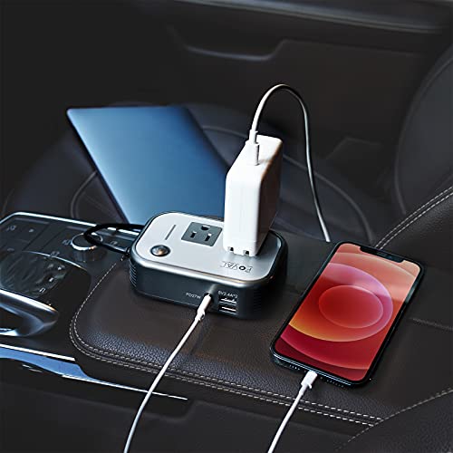 FOVAL 200W Car Power Inverter, DC 12V to 110V AC Car Laptop Charger Fast Charger Converter with [27W PD USB-C] & Dual USB Ports Multi-Protection Car Outlet Adapter Power Inverter for Vehicles