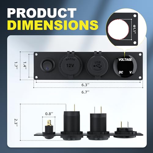 RVMARINEPAT 4 in 1 Charger Outlet Socket Panel 12V DC 4.8A Dual USB Power Outlet & 12 Volt Cigarette Lighter Socket & LED Voltmeter & Lighted ON/Off Rocker Toggle Switch for Marine Boat Truck RV Car - color: BLUE