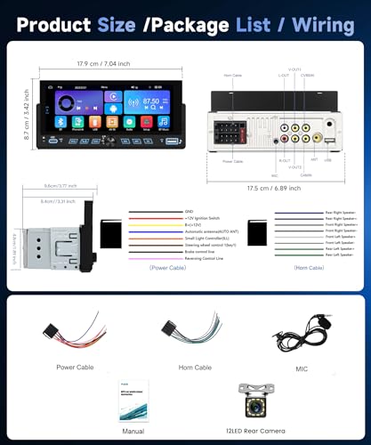 Single Din Car Stereo, 6.86" Touch Screen Car Radio with Wireless & Wired CarPlay Android Auto, Bluetooth FM USB EQ Mirror Link Steering Wheel Control + 12LED Backup Camera