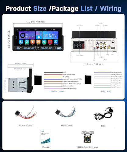 Single Din Car Stereo, 6.86" Touch Screen Car Radio with Wireless & Wired CarPlay Android Auto, Bluetooth FM USB EQ Mirror Link Steering Wheel Control + 12LED Backup Camera