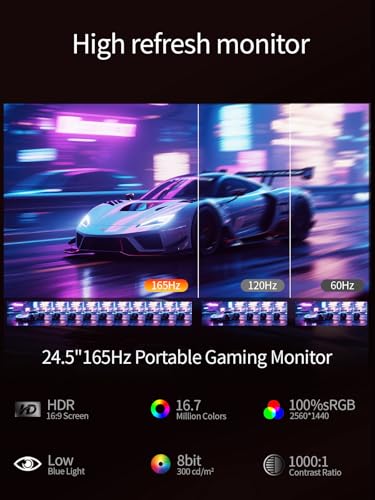 24.5" 2.5K Portable Monitor 160Hz QHD Gaming Monitor 100% sRGB IPS Large Screen, USB-C HDMI External Second Screen with Kickstand, Travel Monitor for Laptop, PC, Phone, VESA Mountable - size: 24.5inch 2.5K