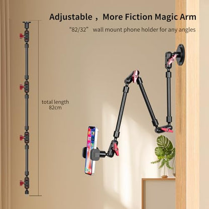 Wall Mounted Phone Holder Magic Arm 360° Rotation Adjustable Metal Base Screw in Wall Sturdy for Kitchen Bedroom Home 32 Inch ABS Phone Clip - size: Metal base + 32in magic arm + phone clip
