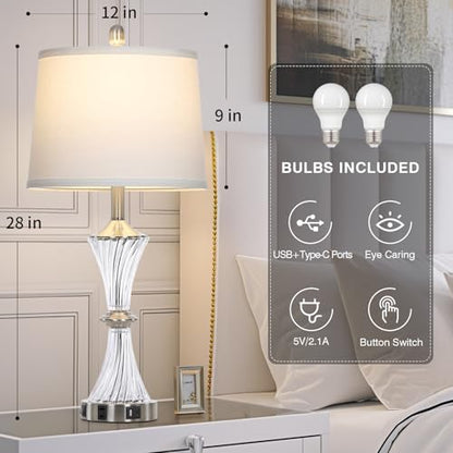 Rinweey Crystal Glass Table Lamp Set of 2 With USB C+A Ports & AC Outlet - White Clear Modern Bedroom Lamps for Night Stands, Living Room - Silver Nightstand Lamps With LED Bulbs Included - color: Silver