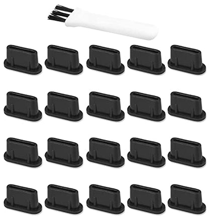 USB C 먼지 플러그 실리콘 소프트 스너글리 먼지 방지 플러그 커버 클리닝 브러시 아이폰 15 삼성 갤럭시 구글 픽셀 맥북 아이패드 스위치 모든 타입 C 포트 장치와 호환 20개 블랙
