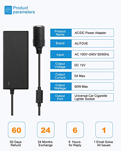 ALITOVE AC to DC Converter 12V 5A 60W 110V to 12V Converter Cigarette Lighter Adapter to Wall Plug 120V AC to DC Adapter for Small Car Vacuum Massager Fan MP3 Car Charger and Other Devices Under 60W - size: 5A (8FT Version)