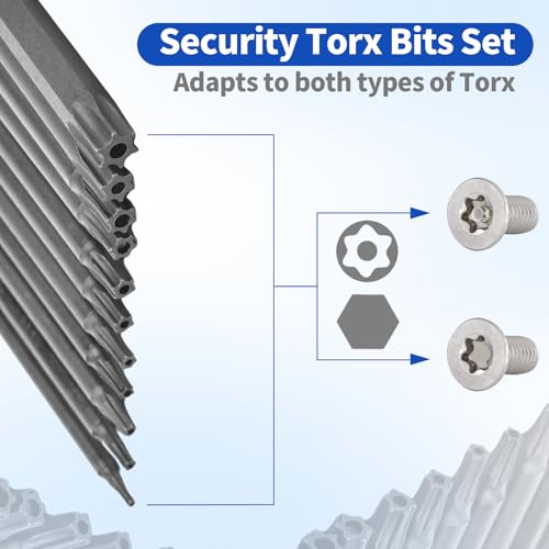 11pcs Security Torx Screwdriver Bit Sets, 1/4 Inch Hex Shank S2 Steel Magnetic security torx bit set, 4in long torx bit set T6 T7 T8 T9 T10 T15 T20 T25 T27 T30 T40 - size: 4" Long T6-T40