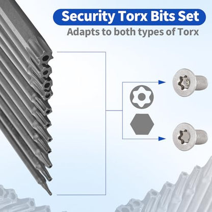 11pcs Security Torx Screwdriver Bit Sets, 1/4 Inch Hex Shank S2 Steel Magnetic security torx bit set, 4in long torx bit set T6 T7 T8 T9 T10 T15 T20 T25 T27 T30 T40 - size: 4" Long T6-T40