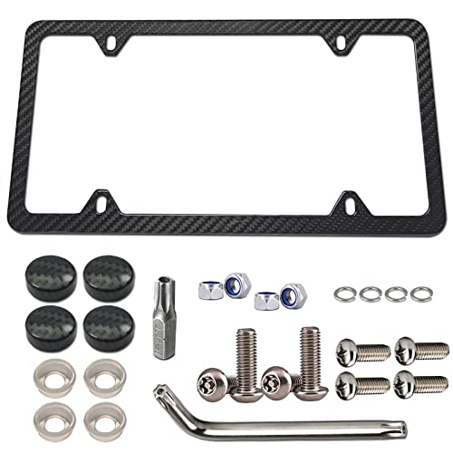 BGGTMO Real Carbon Fiber License Plate Frame, Stainless Steel Base, 1 Pack - color: Real Carbon Frame-4 Holes