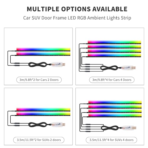 Car SUV Door Frame Ambient Light Lighting, Car Door Ambient Lights LED RGB, Automotive Auto Interior USB Neon Accent Lights Strip Accessories, App Remote Control Music Sync, Acrylic, 4 Pack*11.48ft