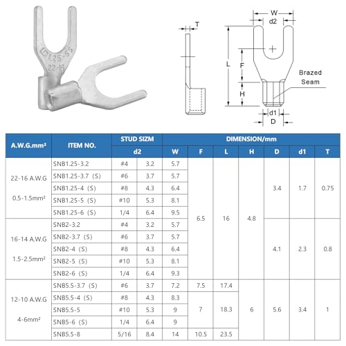 100Pcs #8 Non-Insulated Fork Terminal,16-14 AWG Brazed Seam Red Copper Wire Connectors,Crimp Connector Terminal Kit (Fork #8 100PC, AWG16-14) - size: AWG16-14, style: Fork #8 100PC