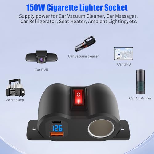 2-in-1 Surface Mount 12V USB Outlet Cigarette Lighter Socket, PD 30W and QC18W Car USB Port Car Charger with Button Switch LED Voltmeter and 120W Socket, Suitable for Cars, Boats, RVs and ATVs