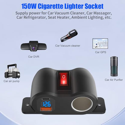 2-in-1 Surface Mount 12V USB Outlet Cigarette Lighter Socket, PD 30W and QC18W Car USB Port Car Charger with Button Switch LED Voltmeter and 120W Socket, Suitable for Cars, Boats, RVs and ATVs
