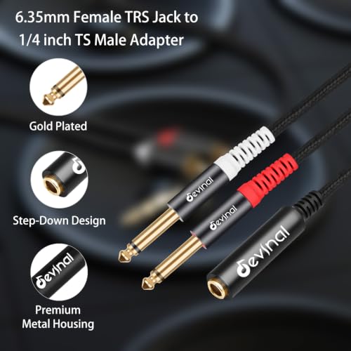 TRS to Dual TS Breakout Cable - 1/4" Female Stereo to Dual 6.35mm TS Male Adapter & 6.35mm Female to 2 x 1/4" Mono Y Splitter - 1 ft - color: Black 1/4" TRS Female to Dual 1/4" TS Male 1 Foot