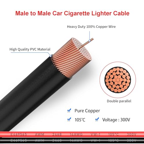 ELFCULB Male to Male Cigarette Lighter Cable 14AWG 5FT - color: 12V Male to Male, size: 5FT