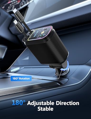 Starlight Retractable Car Charger with Retractable Cables, Starlight in Car Roof 4 in 1 Super Fast USB C Car Phone Charger, 2 USB Ports Starry Sky Adapter, Compatible with iPhone 17 16 15 14 13 12 - color: Dark Black