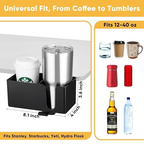 4-in-1 Clip On Desk Cup Holder, Fits up to 40oz cups - Mountable Holder with Adjustable Divider & 360° Rotating Hook - No Spill Clamp On Drink Holder Attachment - for Desk Chair Table Bed Tray - Black - color: Black - 4" W Dual Cup