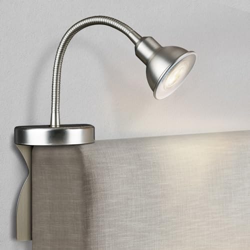 Solfres Patented Innovative Design Headboard Reading Light. No Drilling Golden Book Light for Bedtime Reading. Dimmable LED Book Reading Lamp with Bulb. Movable & Flexible, Silver - color: Silver, size: M