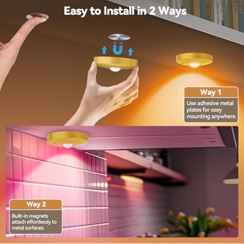 Rechargeable Puck Lights with Remote, 3 Pack Magnetic Under Cabinet Lighting, 1500mAh Battery Operated LED Tap Lights with Dimmer & Timmer for Kitchen, Closet, Shelf - 3 Color Temps & 12 RGB, Gold - color: Gold