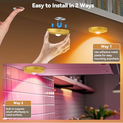 Rechargeable Puck Lights with Remote, 3 Pack Magnetic Under Cabinet Lighting, 1500mAh Battery Operated LED Tap Lights with Dimmer & Timmer for Kitchen, Closet, Shelf - 3 Color Temps & 12 RGB, Gold - color: Gold