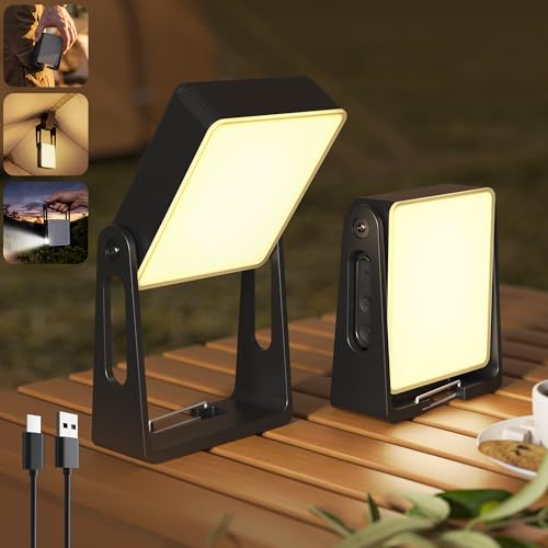 Rechargeable Camping Light Lamp, 2 Pack 4000mAh Dimmable LED Battery Powered Camping Lanterns with 360° Rotatable Stand, 2-in-1 Flashlight Emergency Lights for Home Power Outages, 3 Light Colors - color: Black-2P