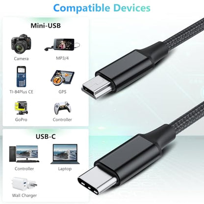 Short USB C to Mini USB Cable 0.25M, Braided USB-C to Mini-B 5-Pin Cord, OTG Charging Sync Data for PC Hero 3+, PS3 Controller, MP3/4, Dash Cam, GPS Receiver, and More Devices - size: 0.8FT