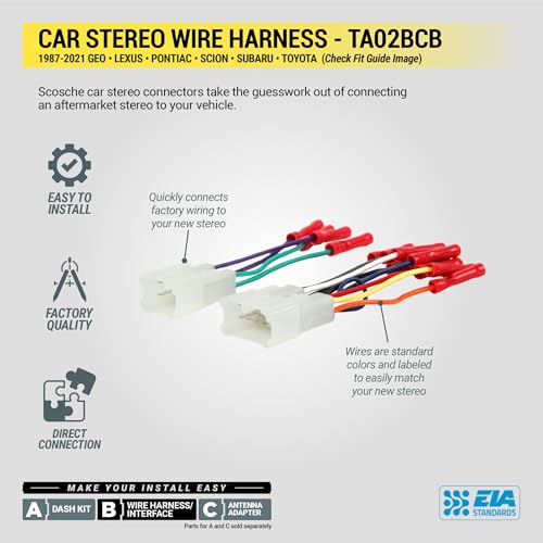 Scosche TA02BCB Stereo Wiring Harness Compatible with Select Non-Amplified 1987-21 Geo, Lexus, Toyota, Scion and Subaru Vehicles. - Wire Harness for Car Stereo. Check Vehicle List Below for Your Model